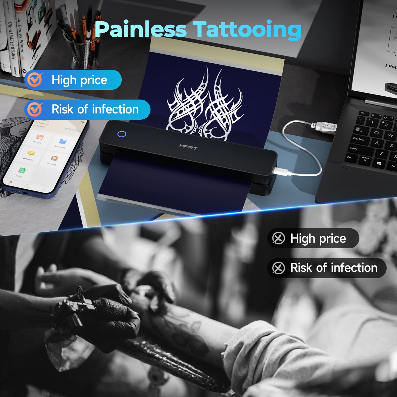 HPRT Wireless Tattoo Stencil Printer with 10 Transfer Sheets – Portable Thermal Tattoo Printer for Artists & Beginners (Black) - Image 11